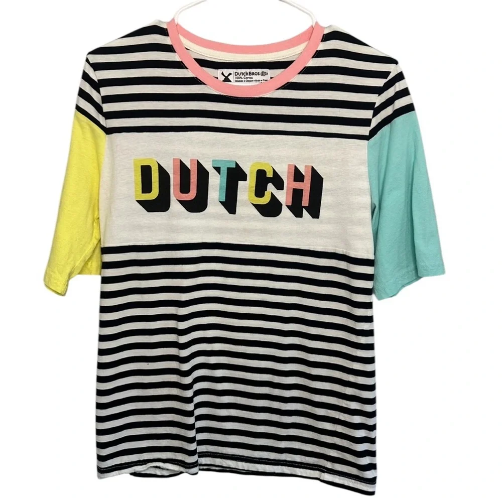 Dutch Bros MEDIUM Striped Pink + Blue + Yellow Classic Tee VINTAGE DB 1992 - Picture 1 of 4